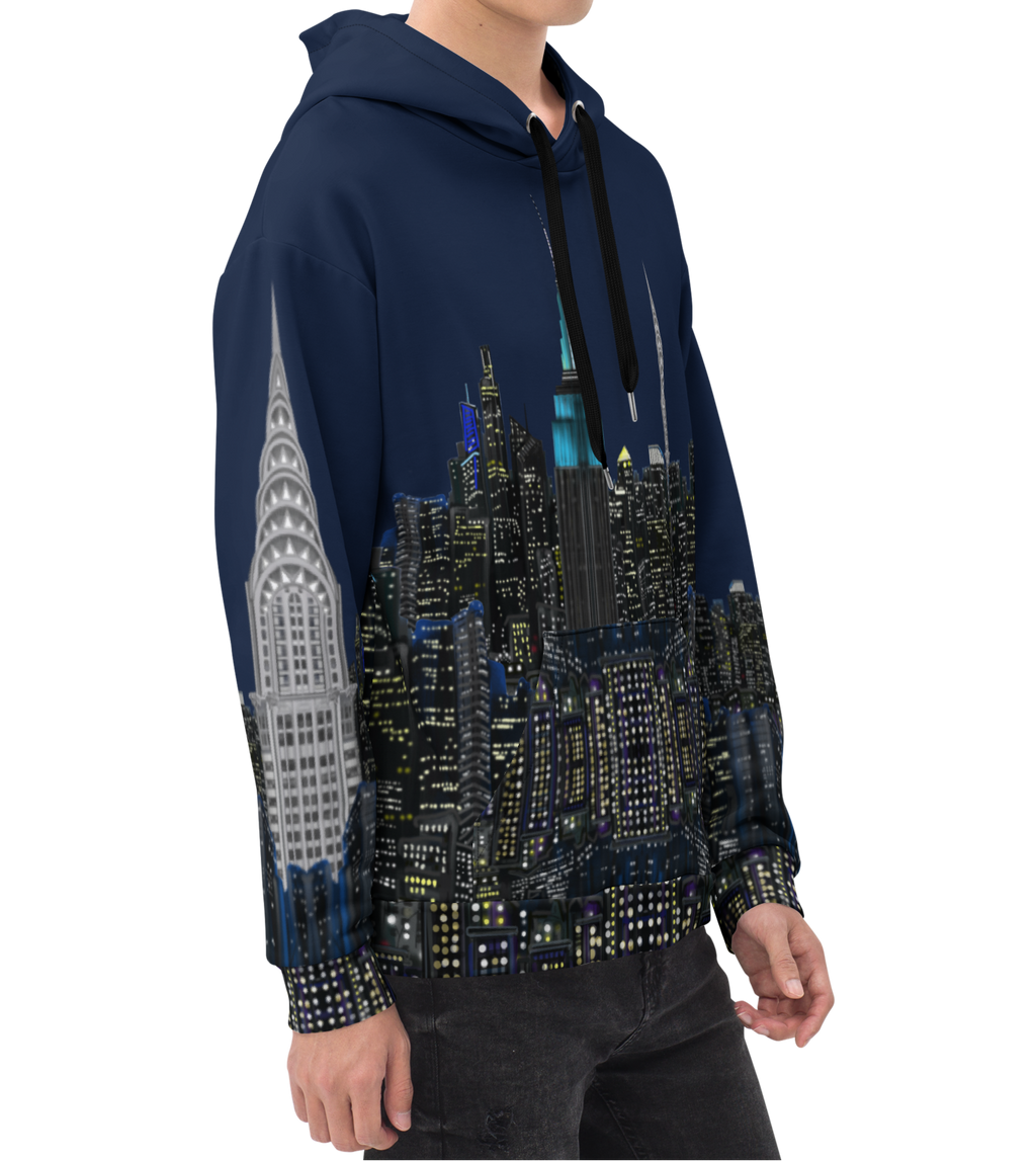 Person wearing a Loria NYC Art navy blue hoodie with a cityscape design on a white background