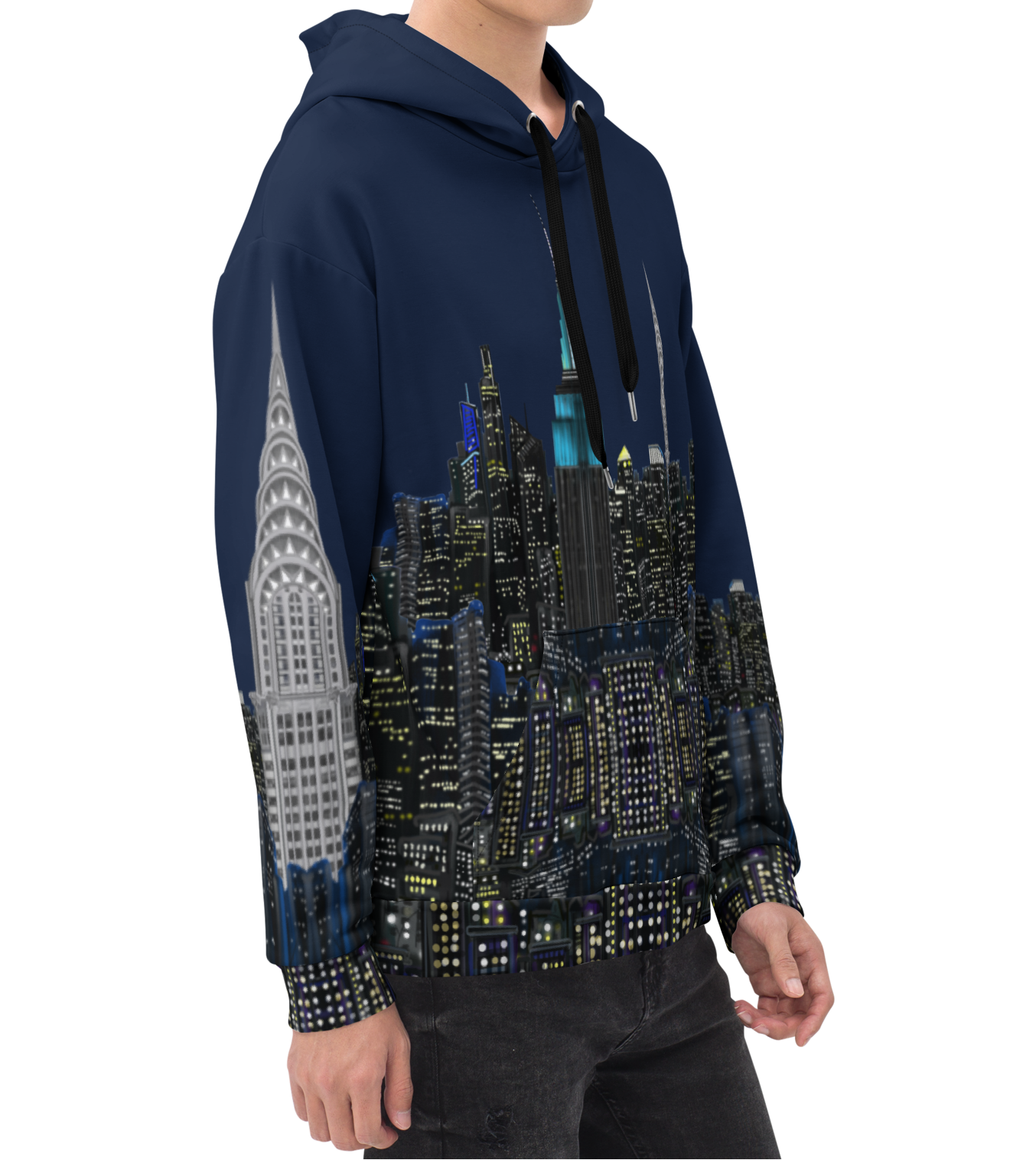 Person wearing a Loria NYC Art navy blue hoodie with a cityscape design on a white background