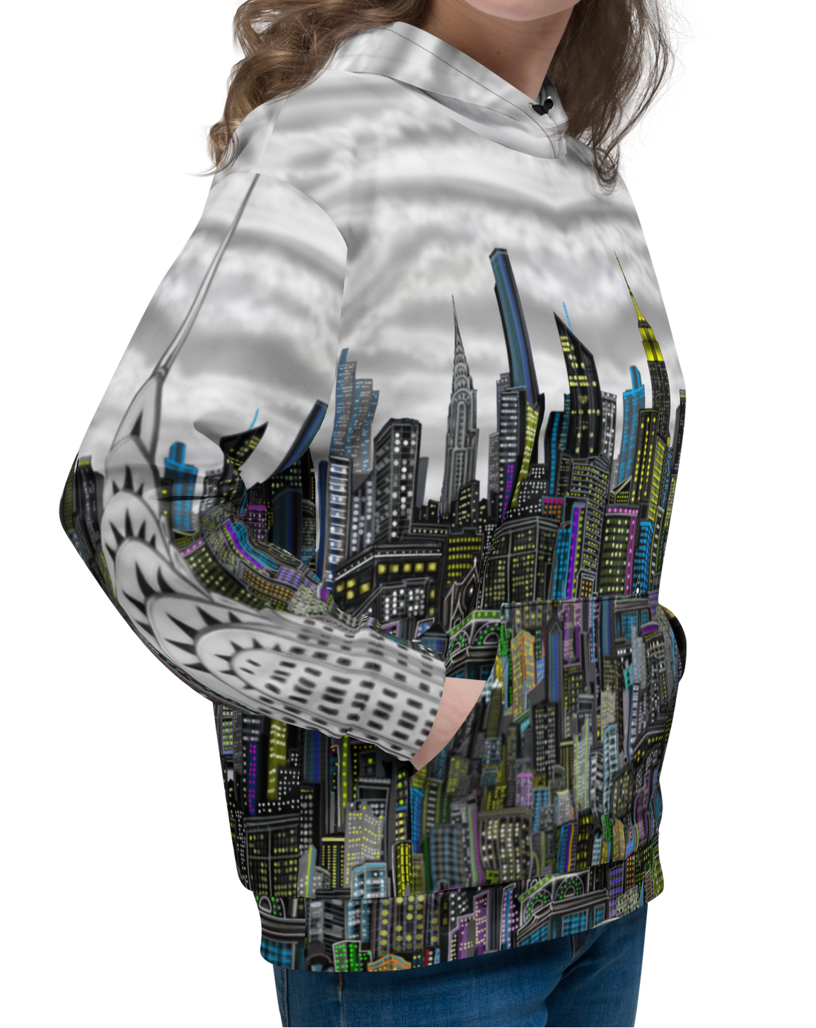 Woman wearing a hoodie with a Loria NYC Art cityscape design on a white background