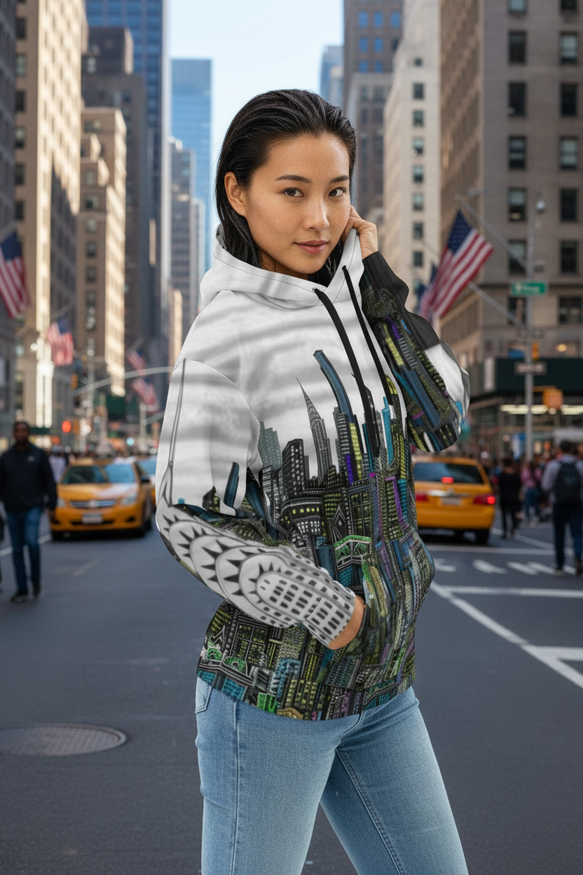 Woman wearing a hoodie with a Loria NYC Art cityscape design on a white background