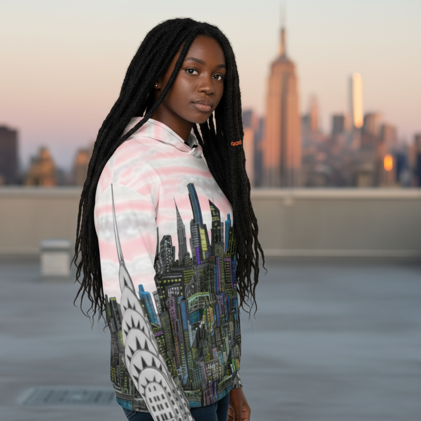 Side of Lady  wearing a Loria NYC Art  hoodie with a cityscape design on roof top