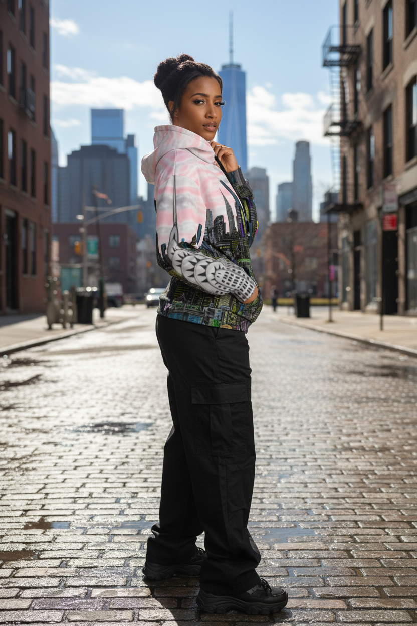Woman posing in a colorful Loria NYC Art hoodie with cityscape design on a white background