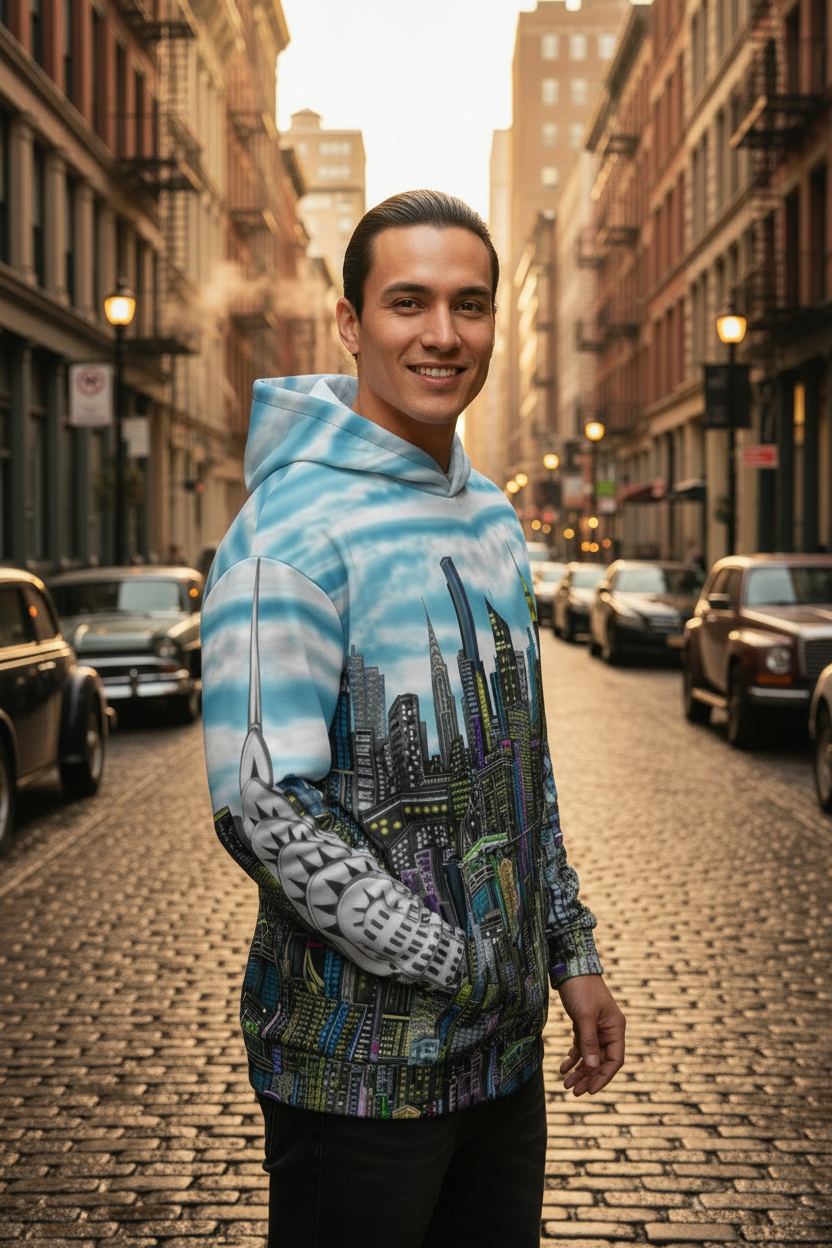 Person wearing a hoodie with a cityscape Loria NYC Art design on a white background