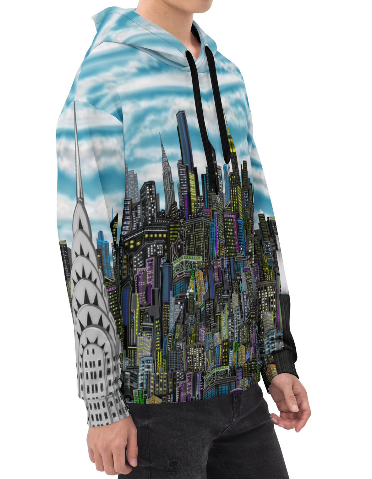 Person wearing a hoodie with a Loria NYC Art cityscape design on a white background
