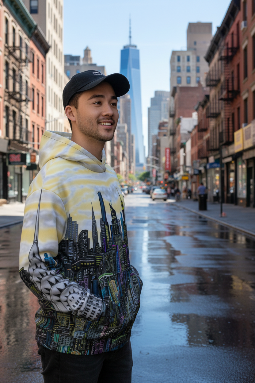 Person wearing a yellow Loria NYC Art hoodie with a cityscape design on a urban background