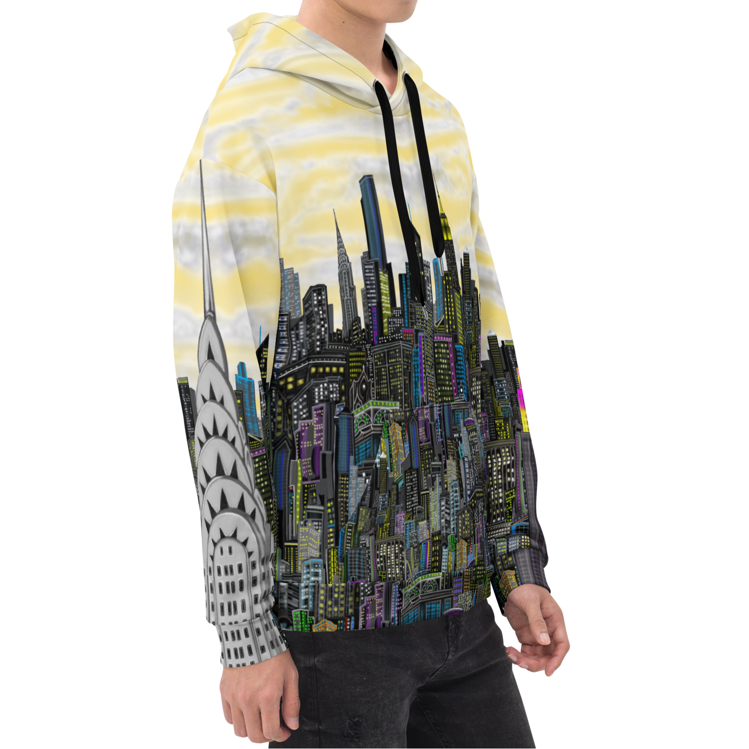 Person wearing a hoodie with a Loria NYC Art cityscape design on a white background