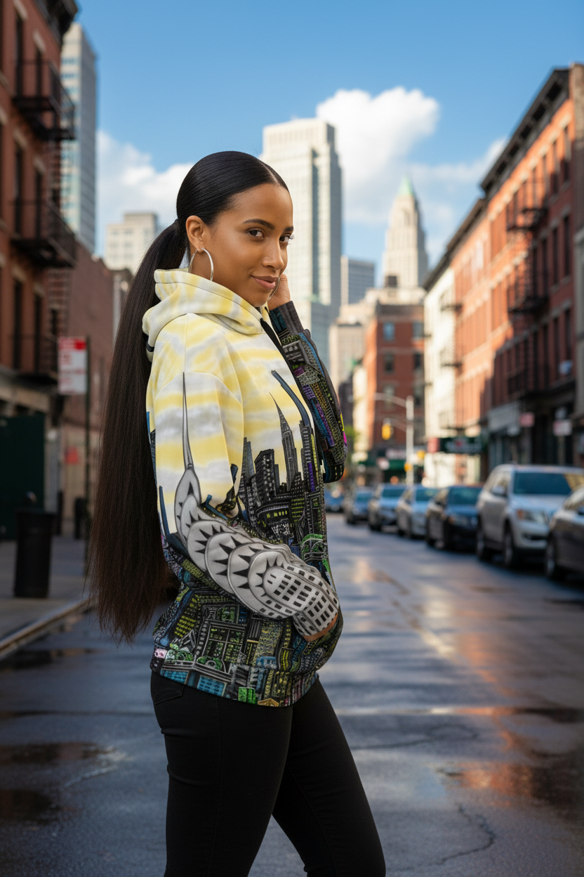 Woman wearing a Loria NYC Art colorful hoodie with cityscape design on a urban background