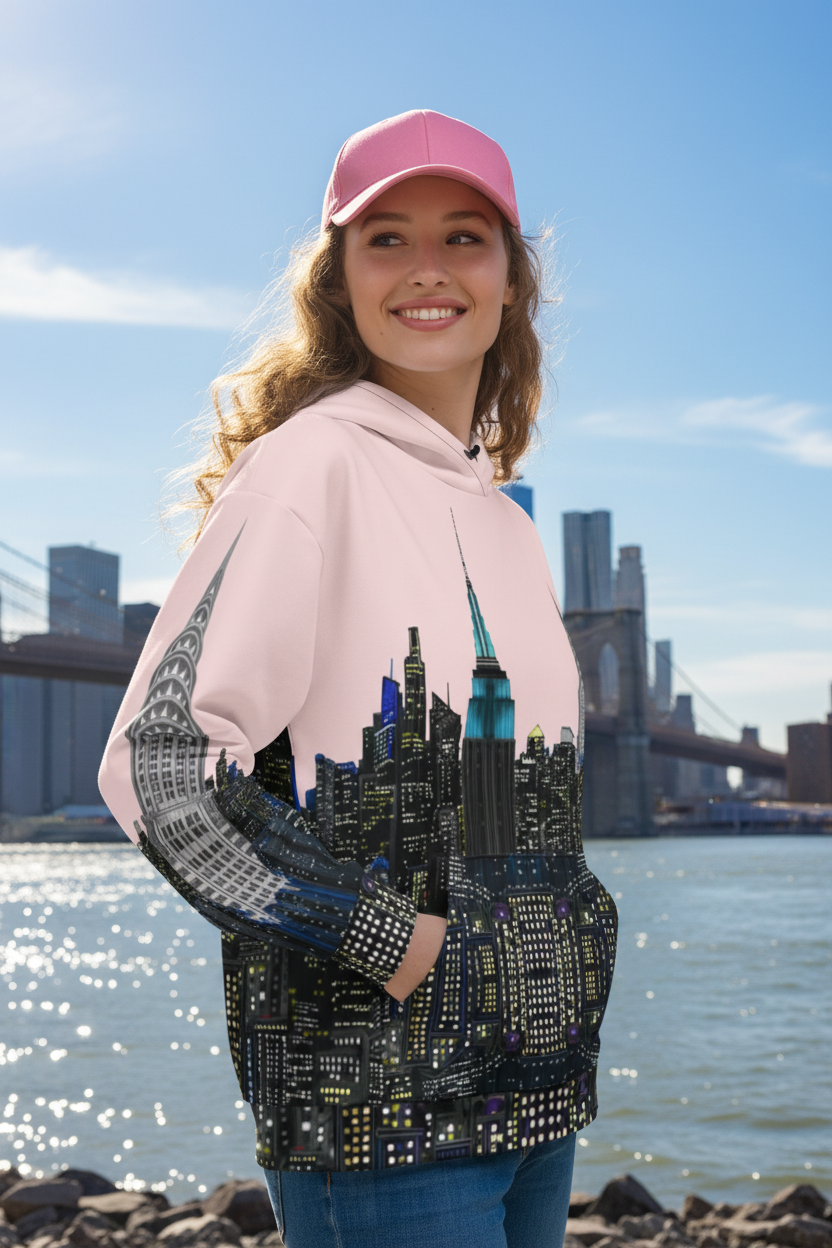 Woman wearing a pink Loria NYC Art hoodie with a cityscape design on a urban background