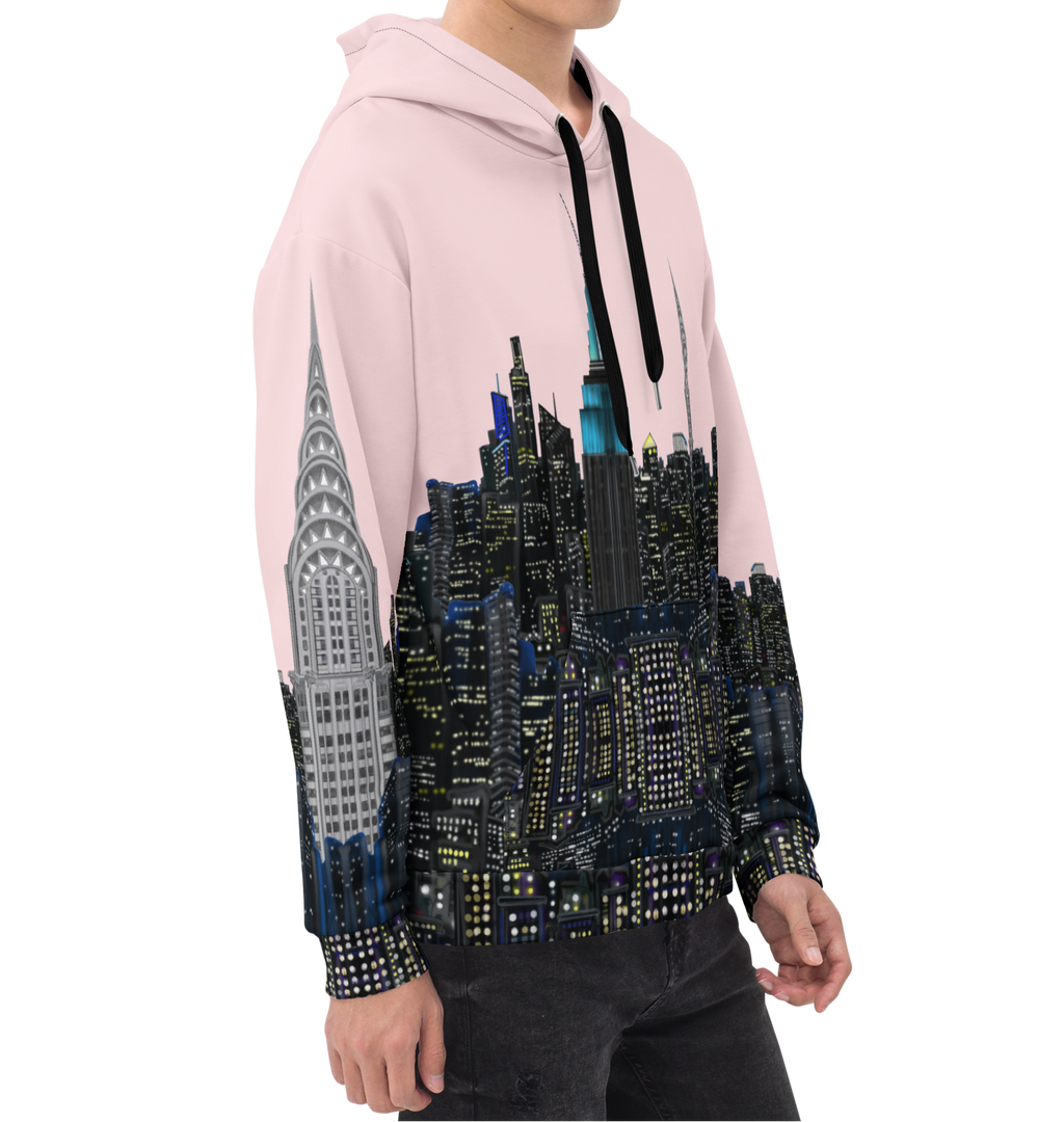 Person wearing a hoodie with a Loria NYC Art cityscape design on a white background