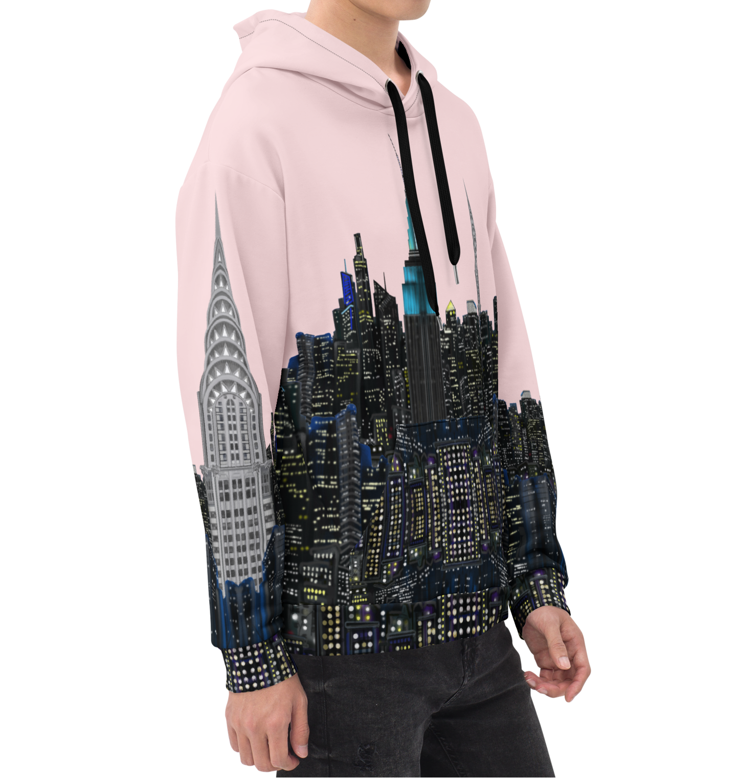 Person wearing a hoodie with a Loria NYC Art cityscape design on a white background