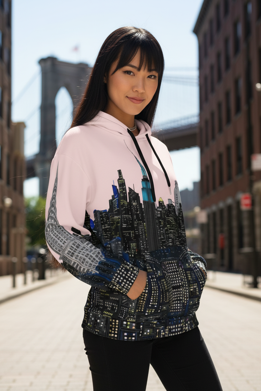 Woman wearing a Loria NYC Art hoodie with cityscape design in pink on a urban background