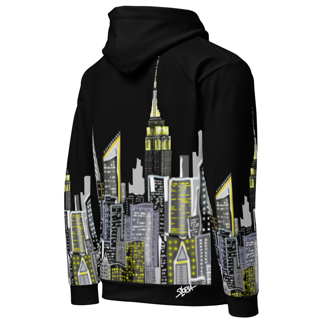 Side angle of Black Loria NYC Art hoodie with cityscape design on a white background
