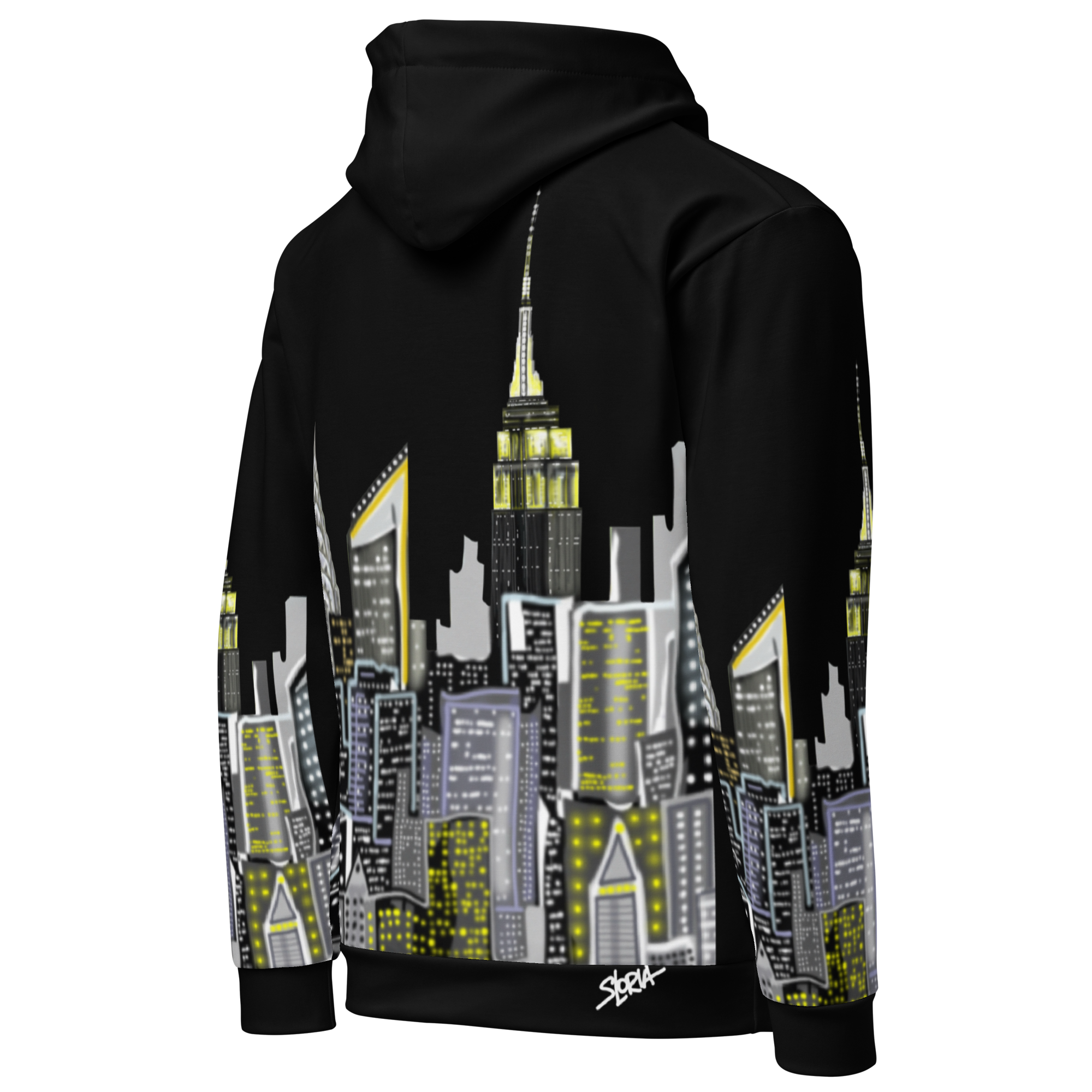 Side angle of Black Loria NYC Art hoodie with cityscape design on a white background