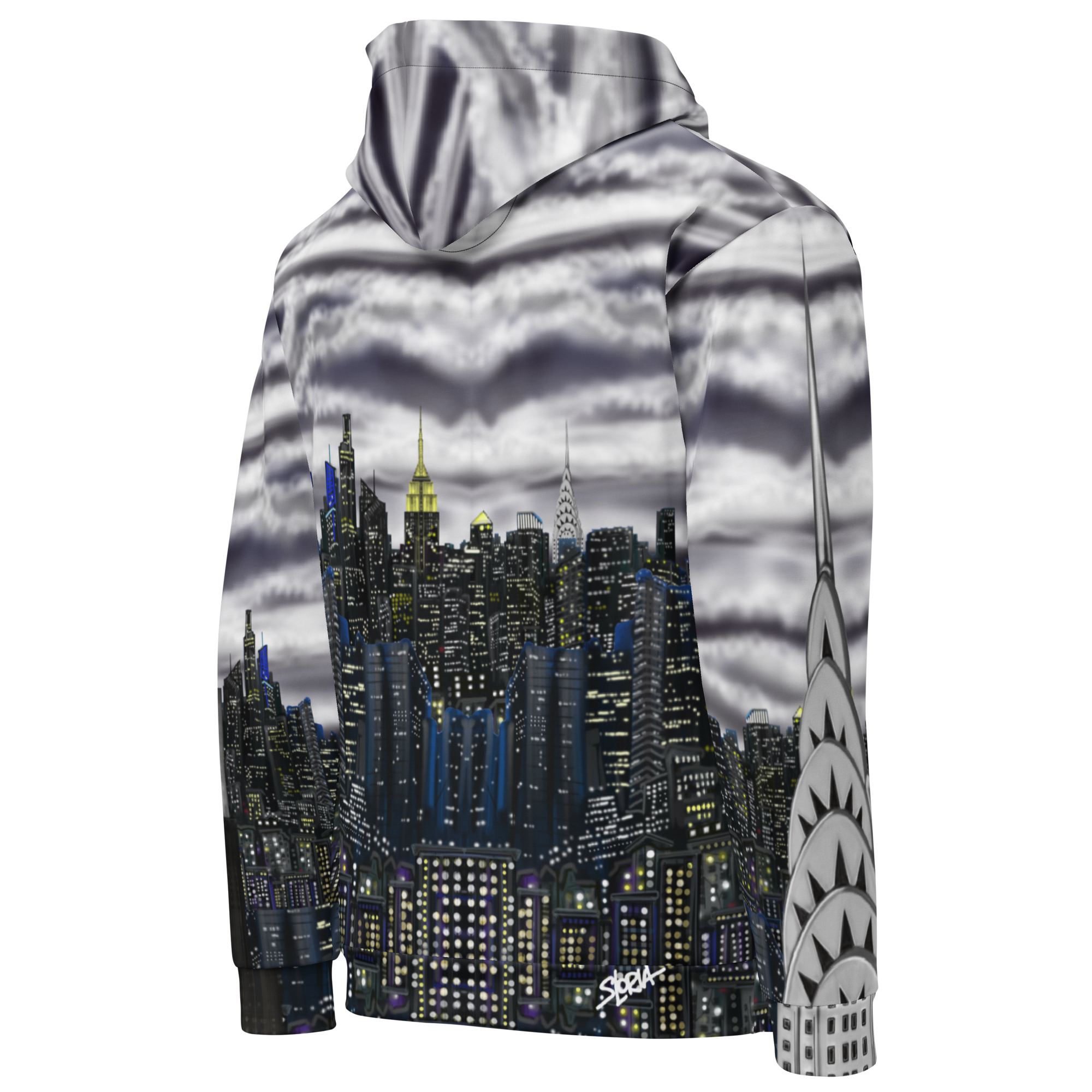Loria NYC Art Hoodie with a cityscape design on a white background