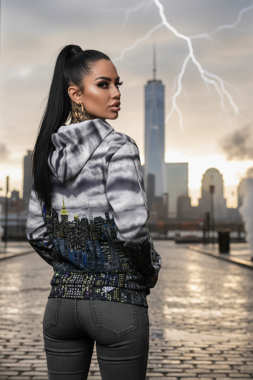 Woman wearing Loria NYC Art hoodie in a cityscape with a lightning bolt effect