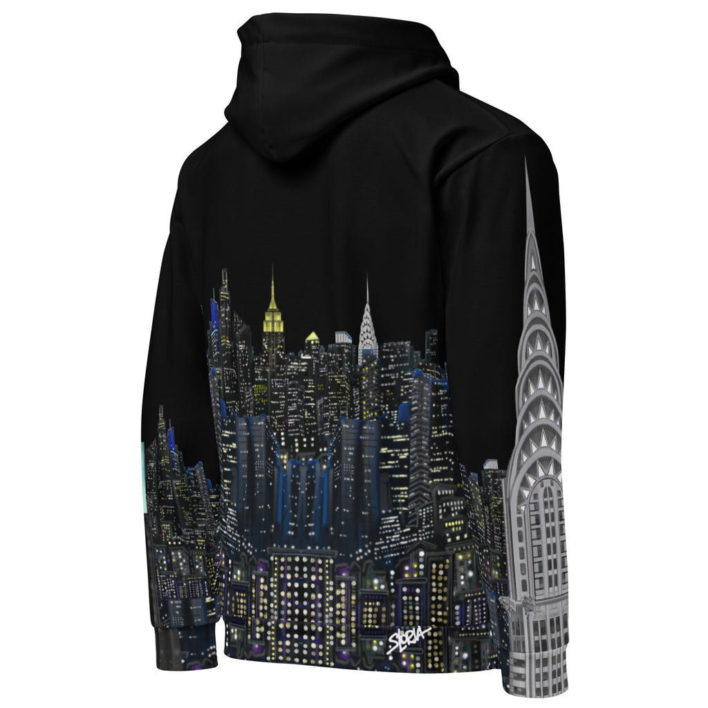 Black hoodie with a cityscape Loria NYC Art design on the back, featuring illuminated buildings.