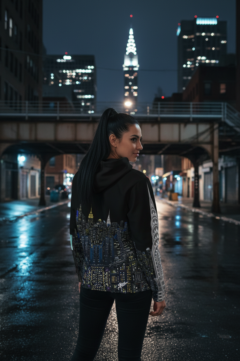 Woman wearing a Loria NYC Art hoodie standing on a city street at night with a tall building in the background