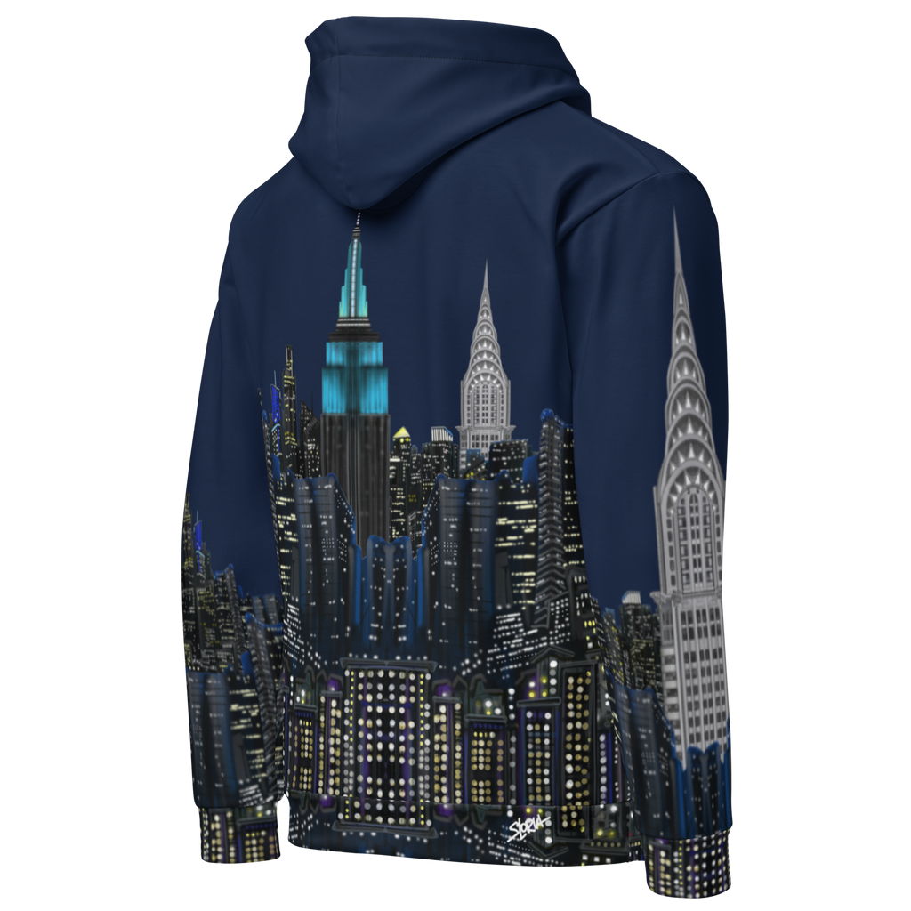 Navy blue hoodie with a cityscape  Loria NYC Art design on the back against a white background