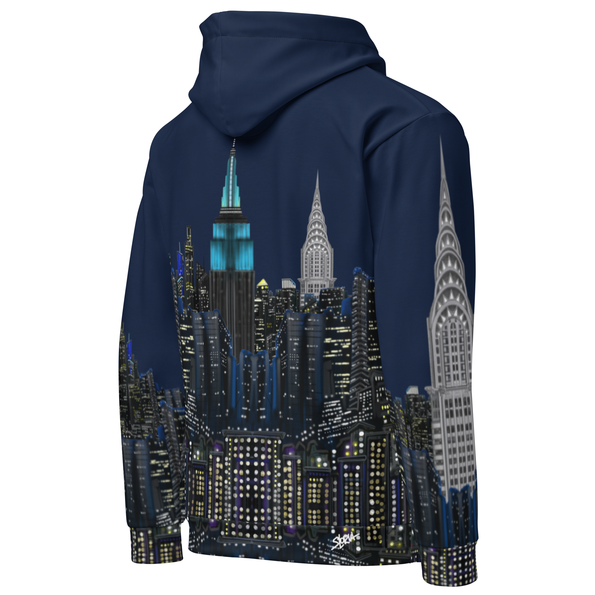 Navy blue hoodie with a cityscape  Loria NYC Art design on the back against a white background