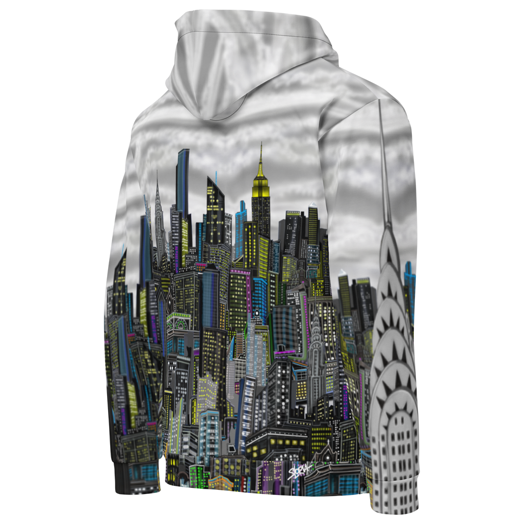 Side back view of a Hoodie with a cityscape Loria NYC Art design on a white background