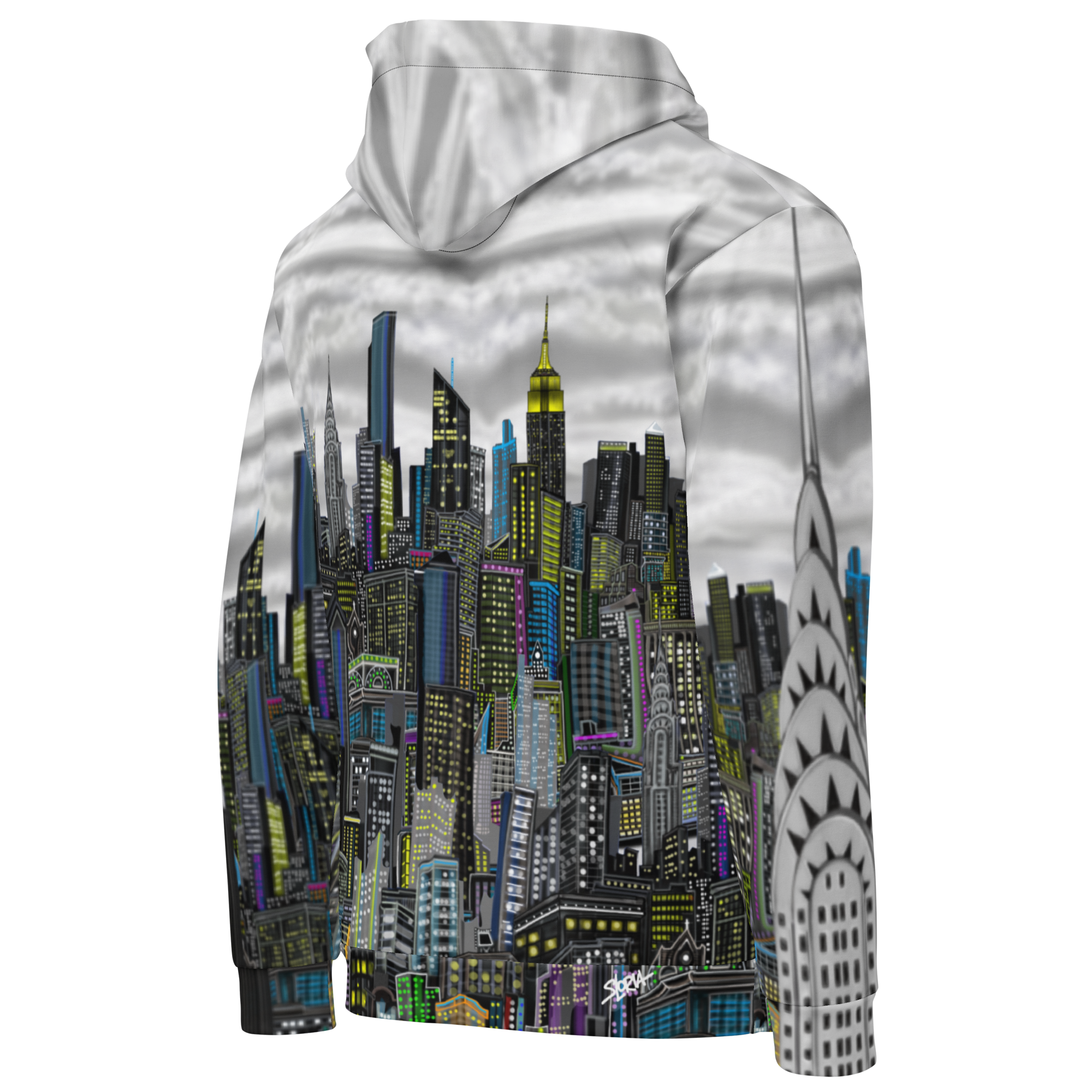 Side back view of a Hoodie with a cityscape Loria NYC Art design on a white background