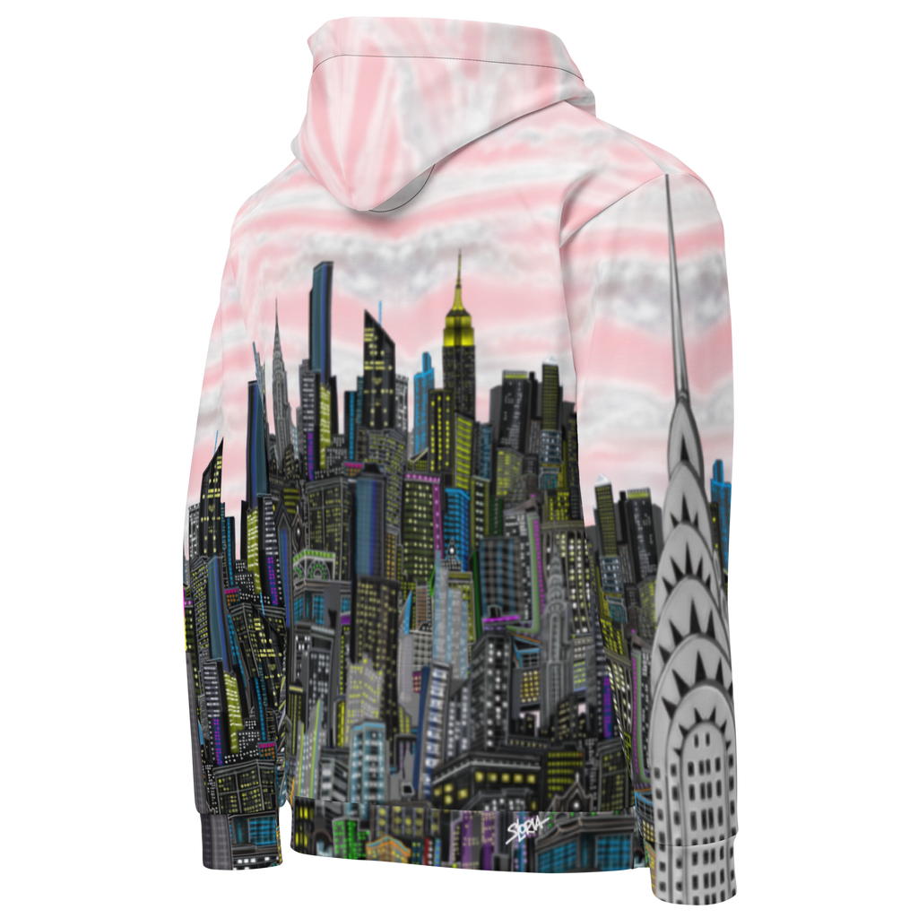 Back of Pink Hoodie with a cityscape Loria NYC Art design on a white background