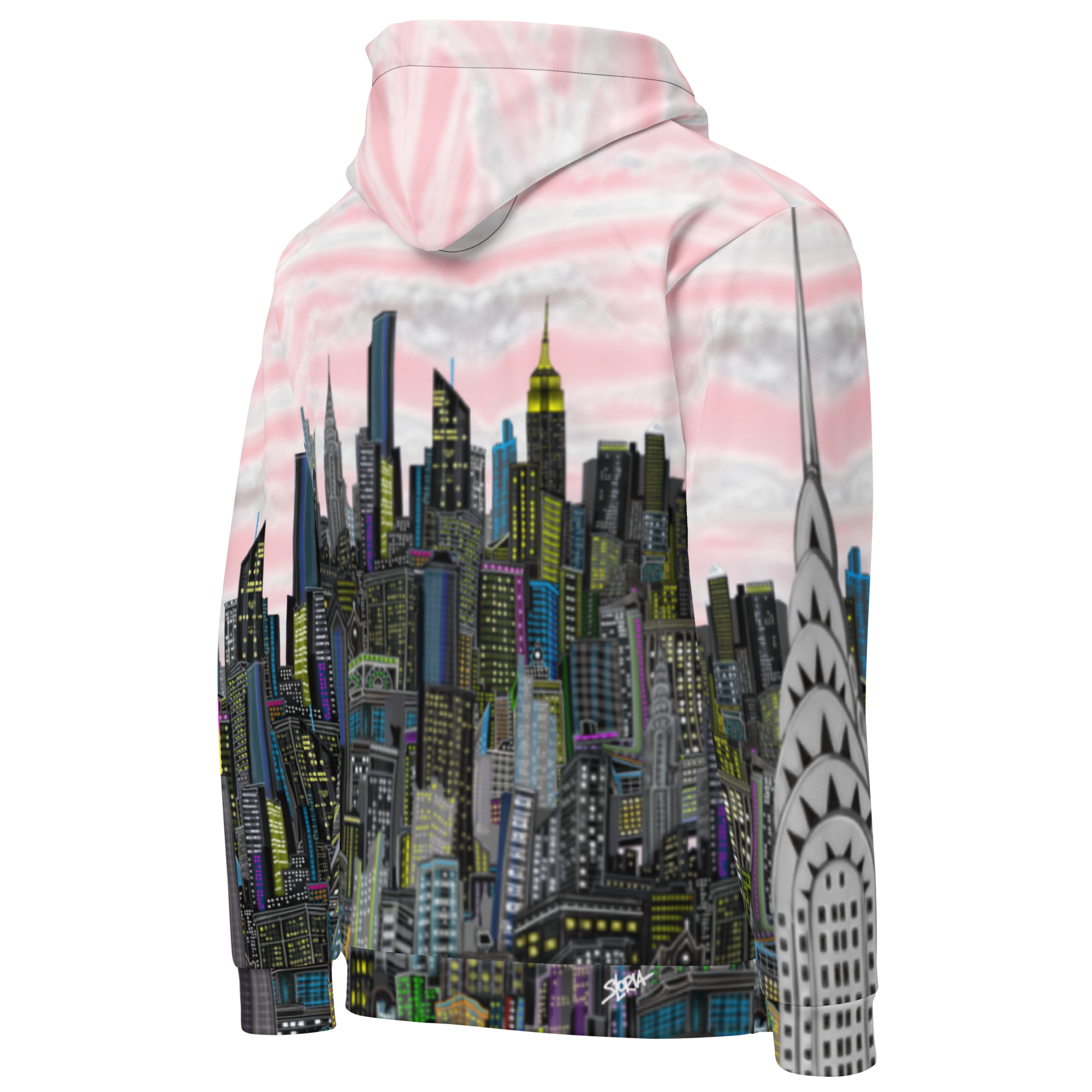 Back of Pink Hoodie with a cityscape Loria NYC Art design on a white background