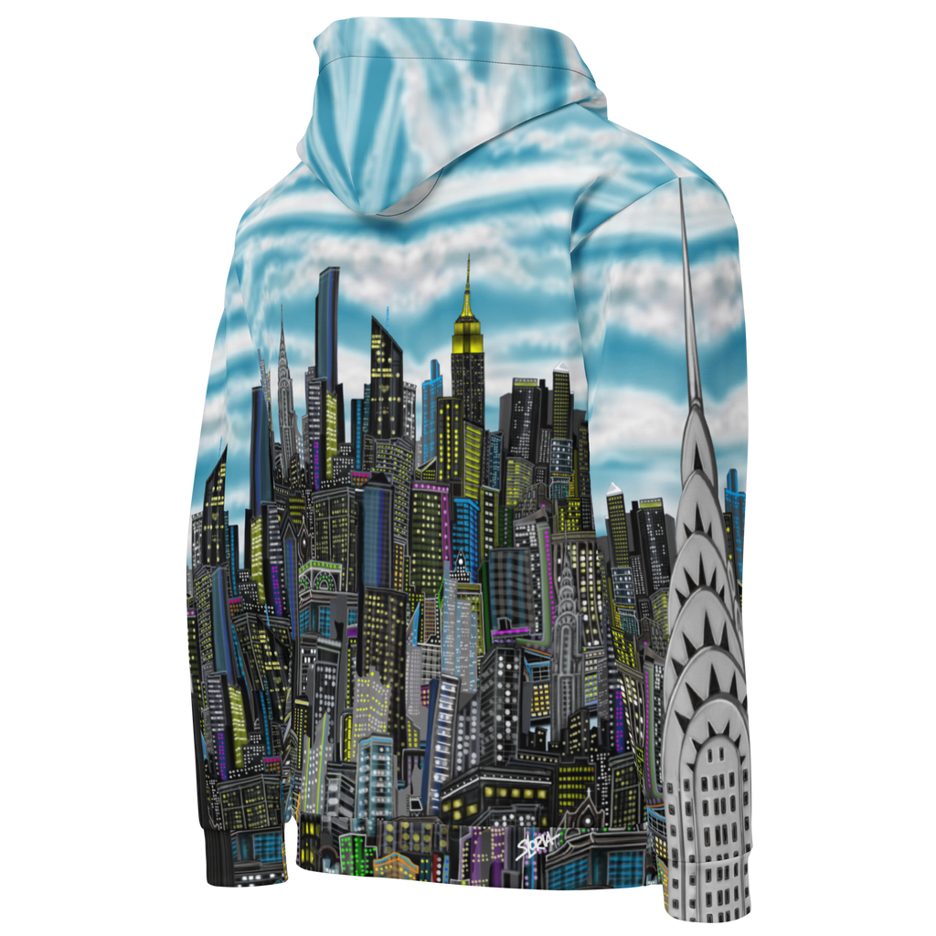 Hoodie with a cityscape Loria NYC Art design on a white background