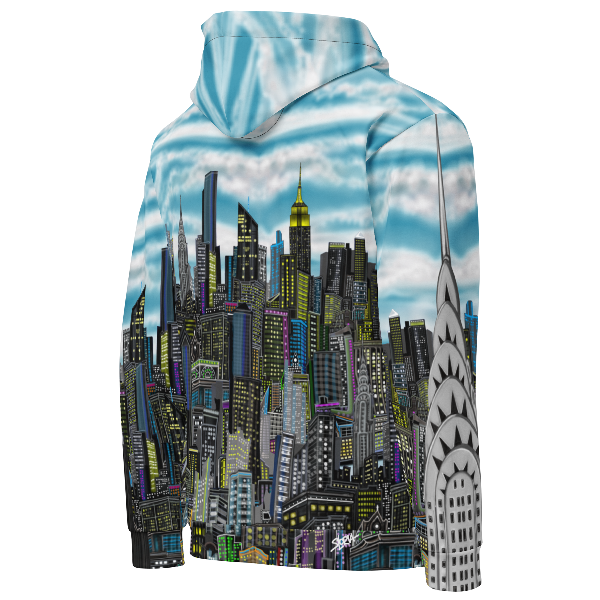 Hoodie with a cityscape Loria NYC Art design on a white background
