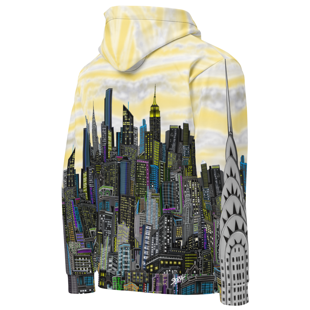 Hoodie with a Loria NYC Art cityscape design on a white background