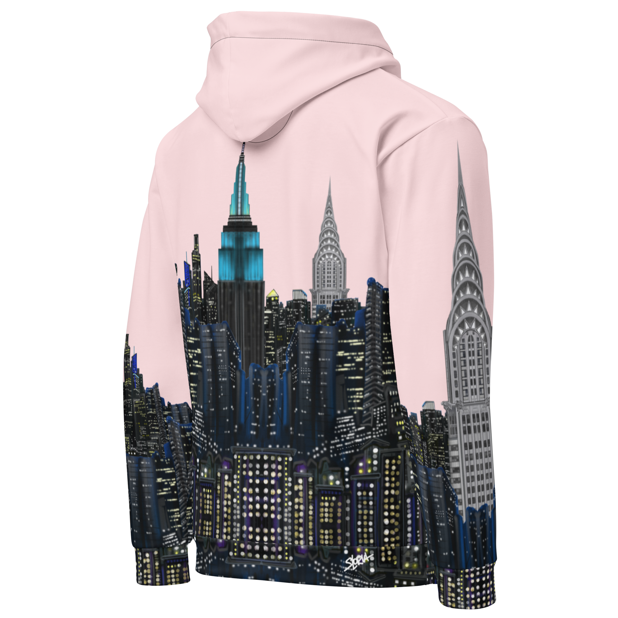 Pink hoodie with a cityscape Loria NYC Art design on the back against a white background