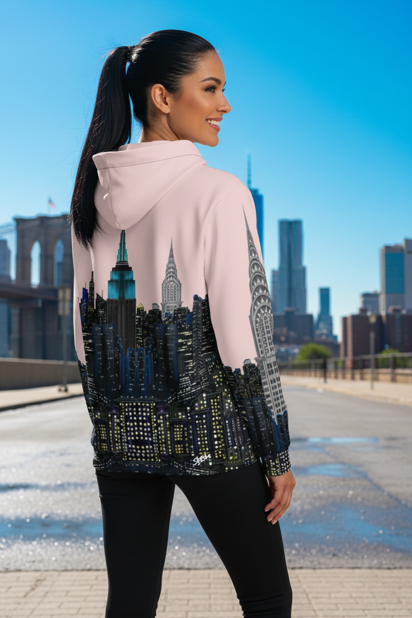 Woman wearing a hoodie with a cityscape Loria NYC Art design in front of a city skyline