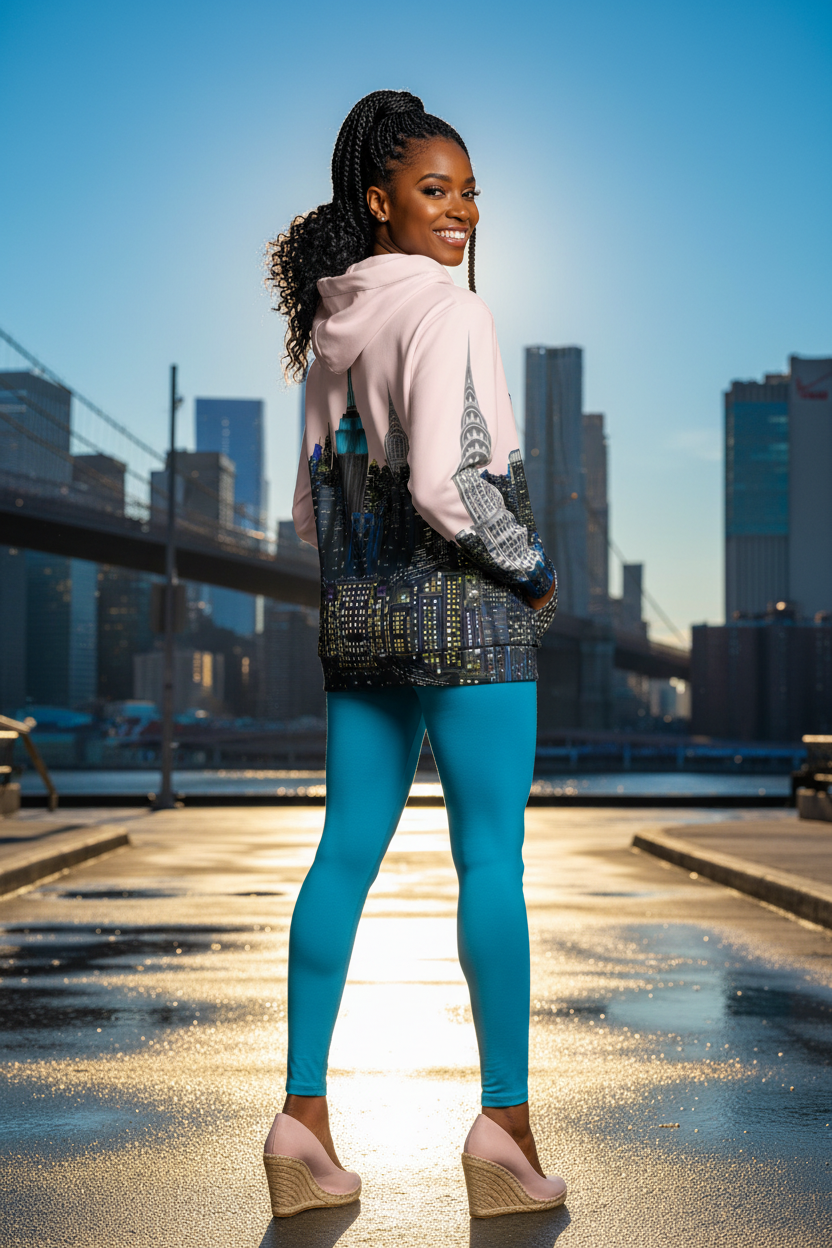 Woman in blue leggings and a Loria NYC Art hoodie standing on a waterfront with a city skyline in the background.