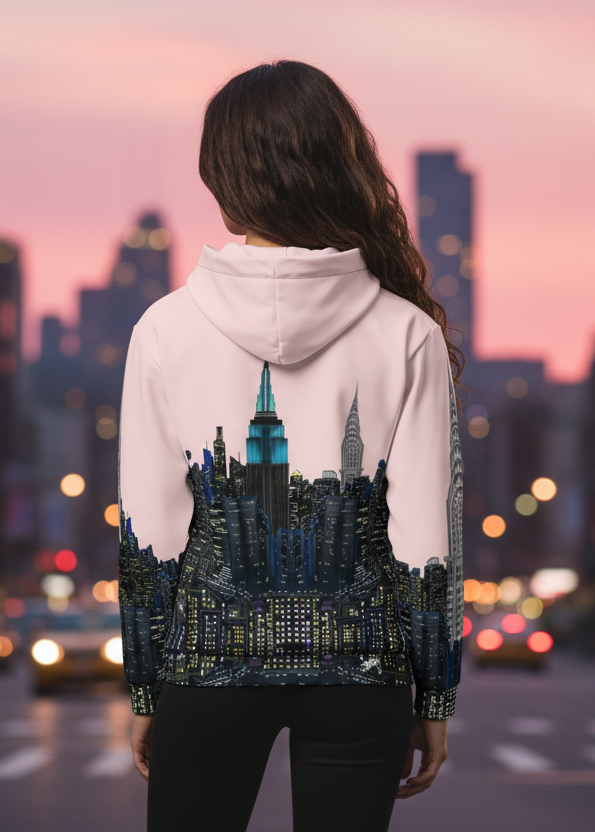 Person wearing a hoodie with a Lori NYC Art cityscape design, standing on a city street at dusk.