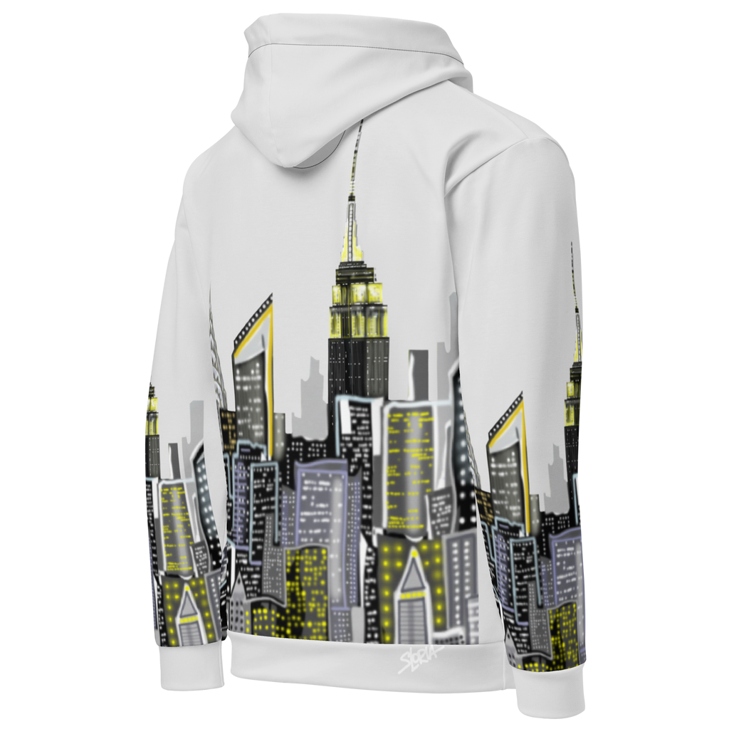 White hoodie with cityscape Loria NYC Art design on a white background