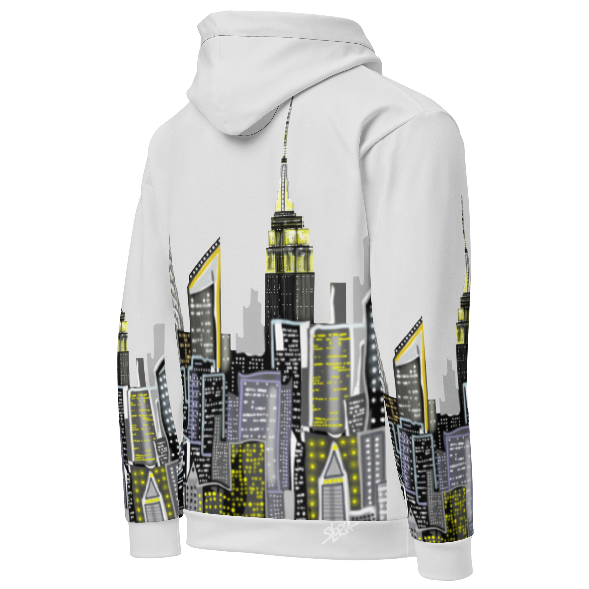 White hoodie with cityscape Loria NYC Art design on a white background
