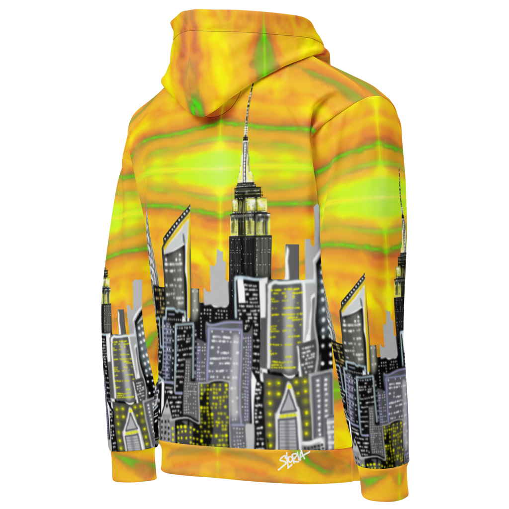 Hoodie with cityscape Loria NYC Art design on a white background