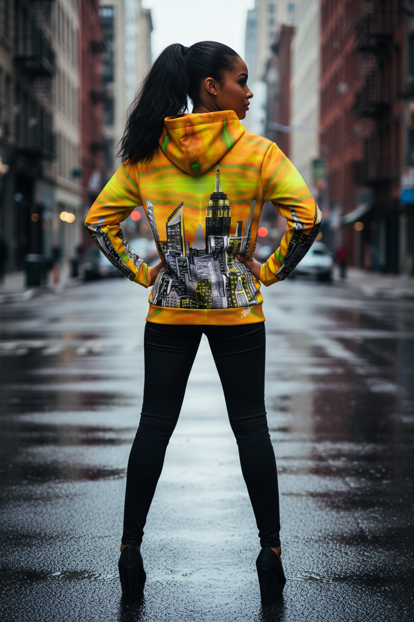 Person wearing a bright yellow Loria NYC Art hoodie with a cityscape design on a city street.
