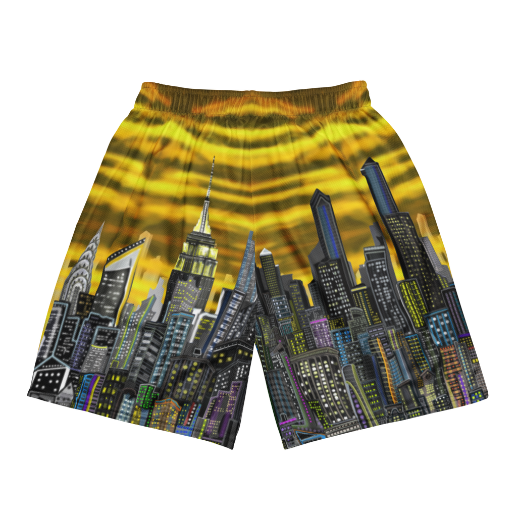 Shorts with a cityscape Loria NYC Art design on a white background