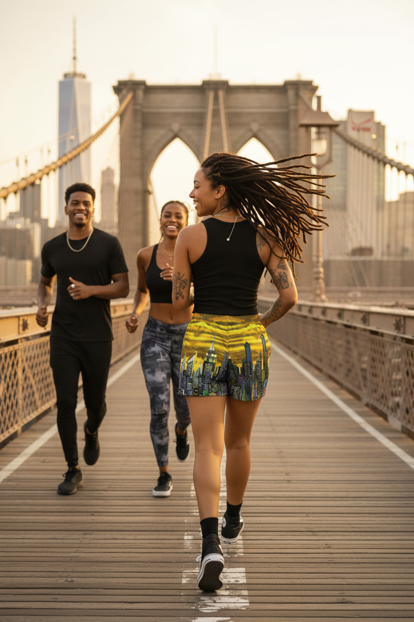 Female running on a bridge wearing cityscape Loria NYC Art shorts.