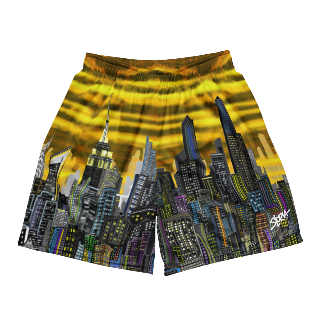 Shorts with cityscape Loria NYC Art design on a white background