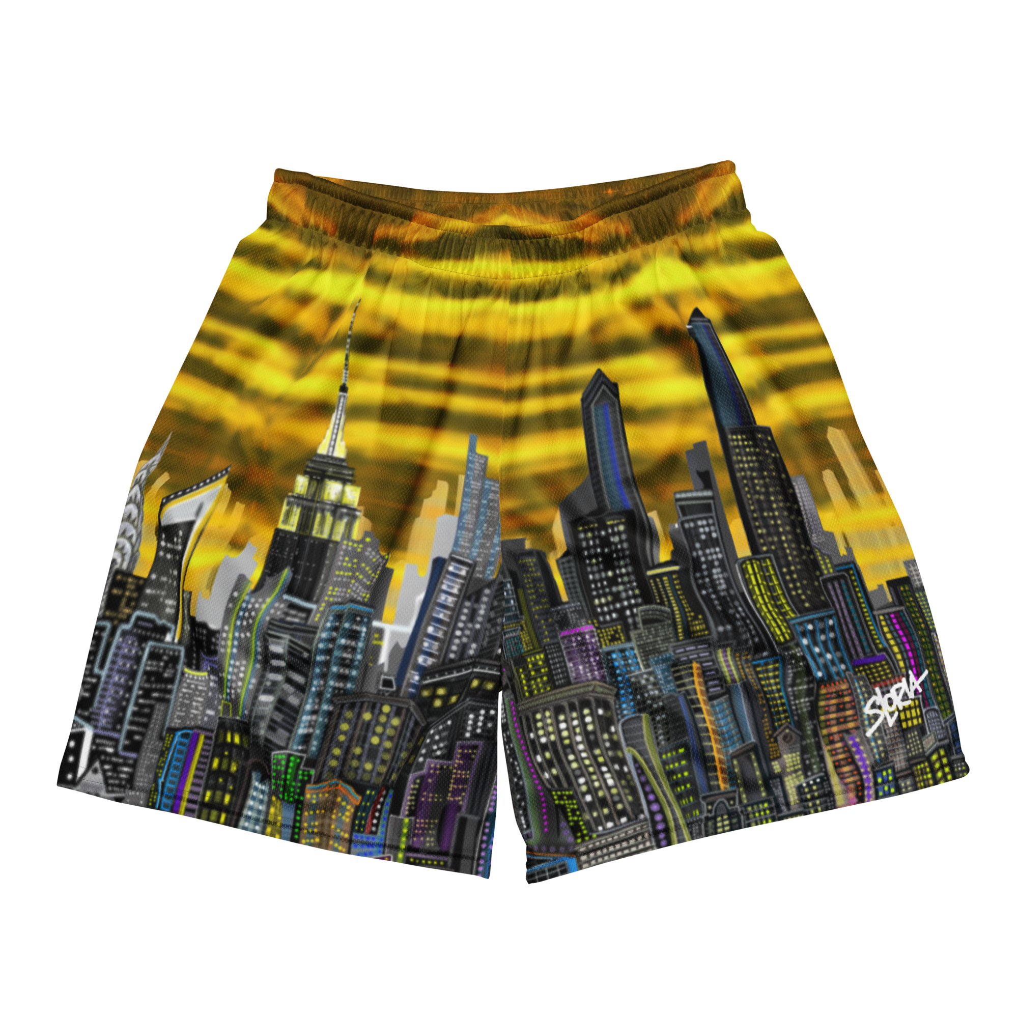 Shorts with cityscape Loria NYC Art design on a white background