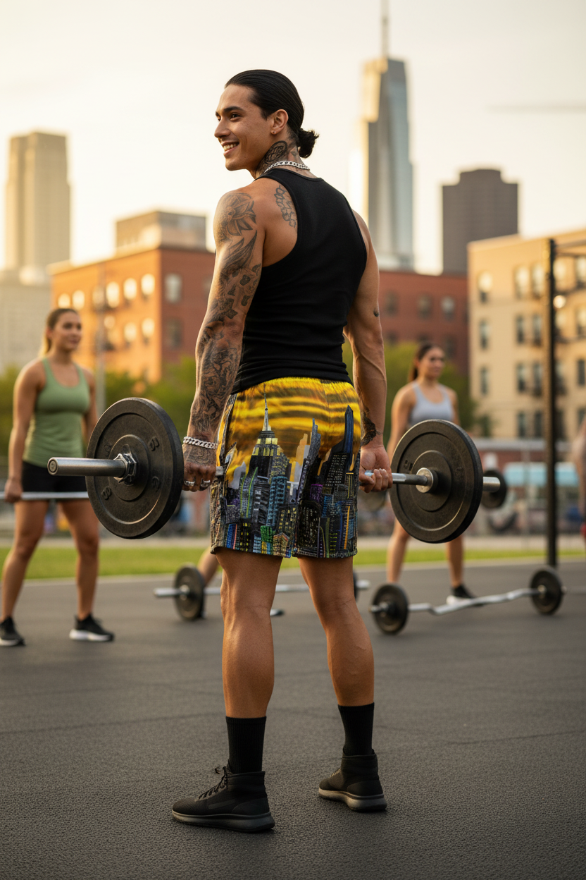 Man lifting weights outdoors wearing Loria NYC Art city skyline shorts in an urban background 