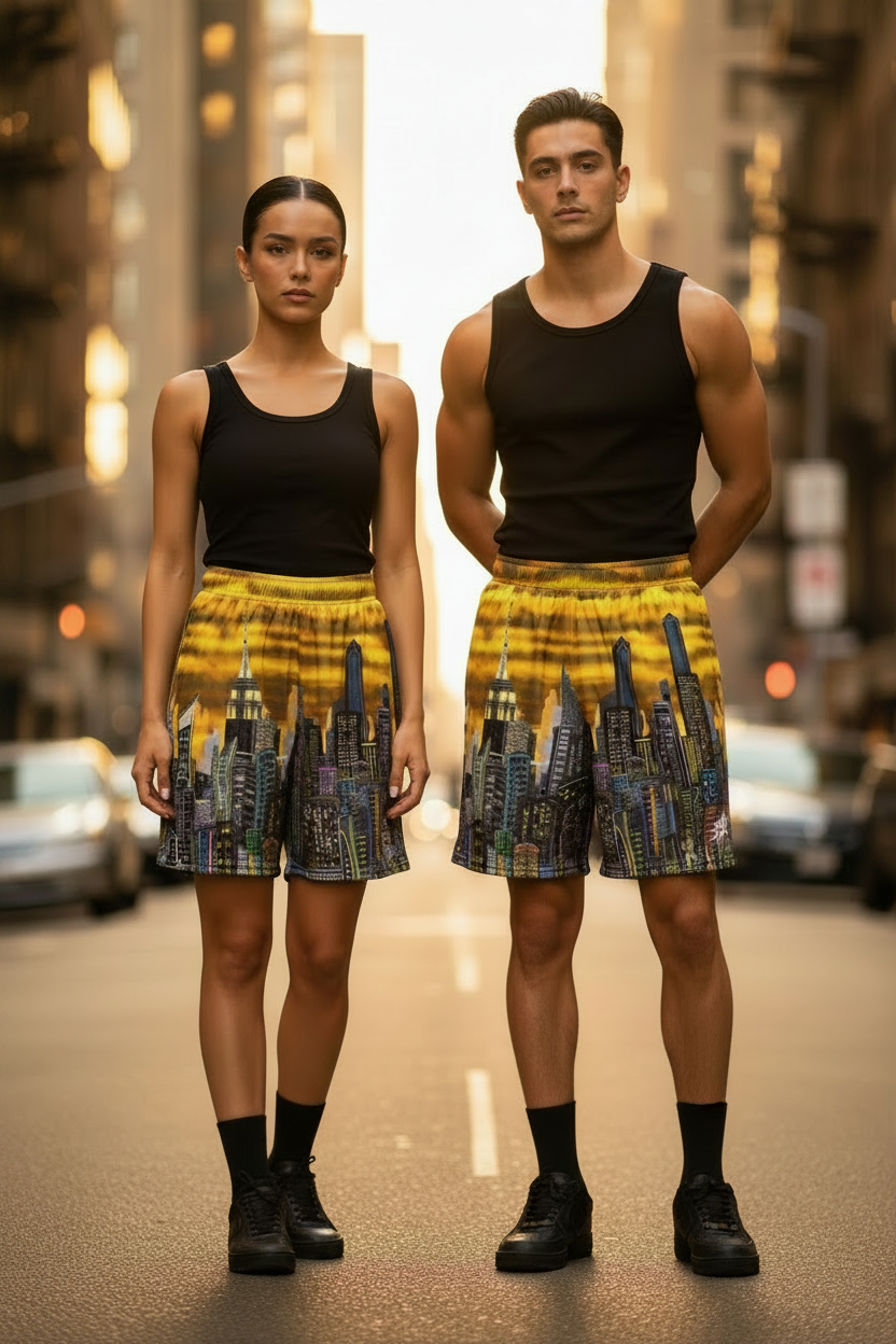 Two people wearing black tank tops and yellow Loria NYC Art shorts on a city street.