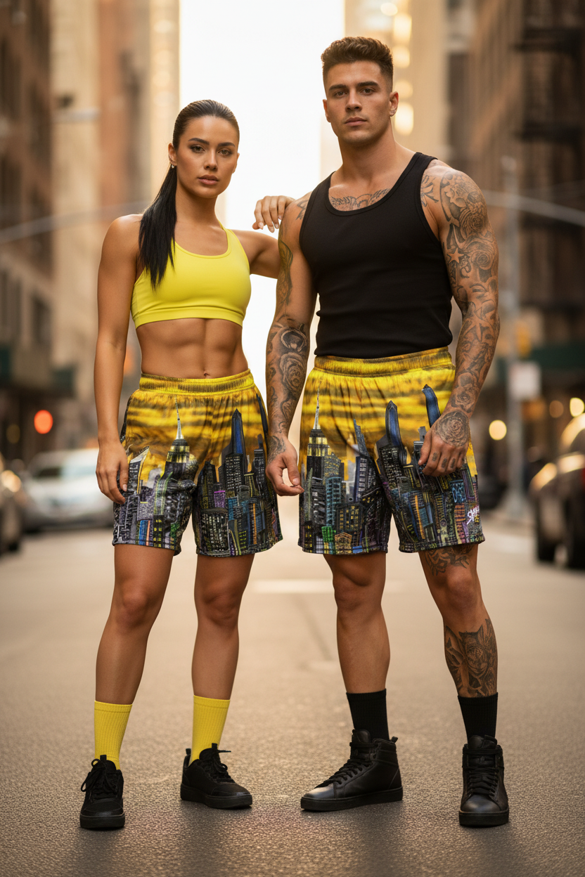 Two people wearing matching Loria NYC Art athletic shorts on a city street.
