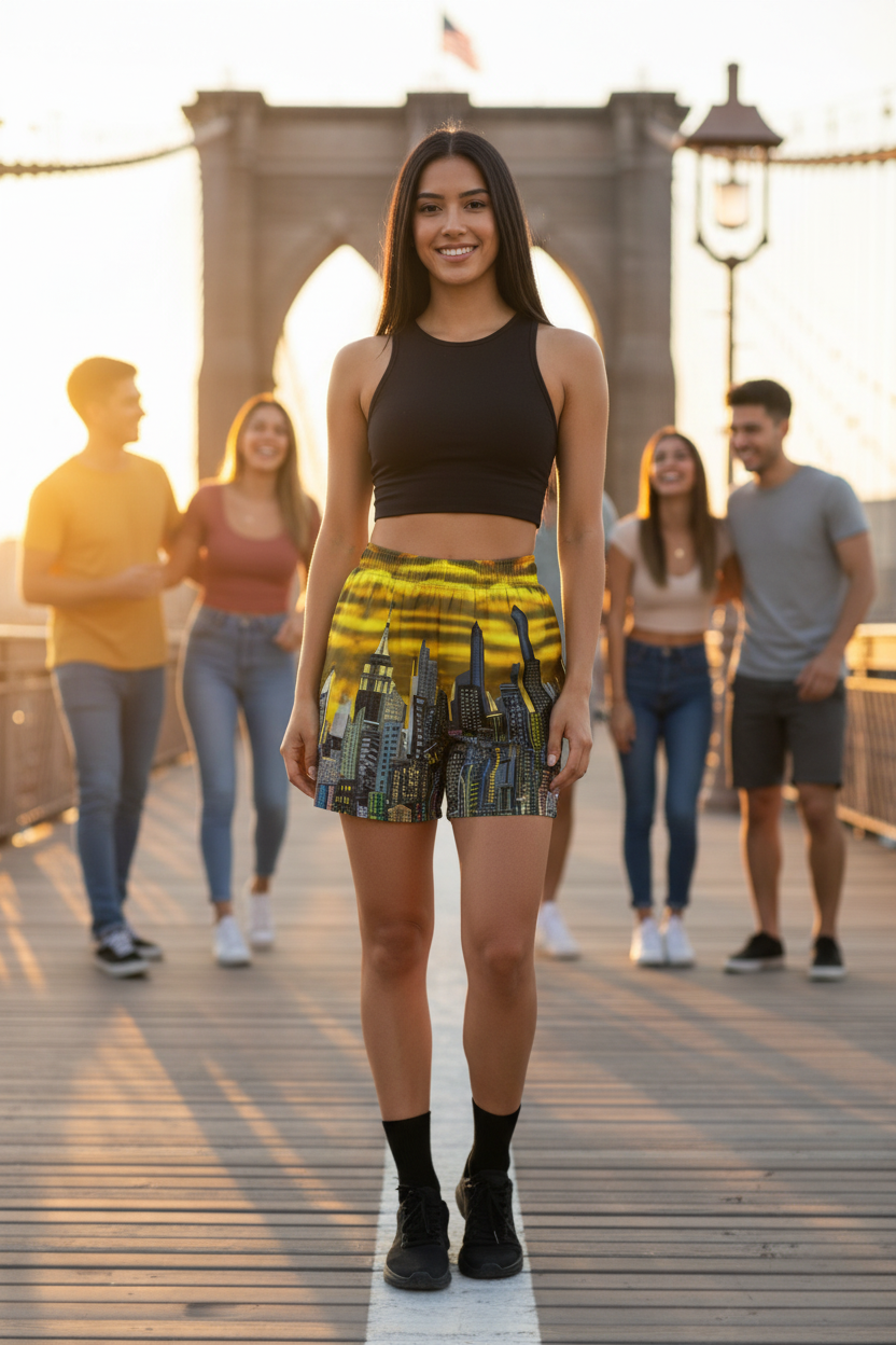 Woman in athletic Loria NYC Art wear standing on a bridge with people in the background