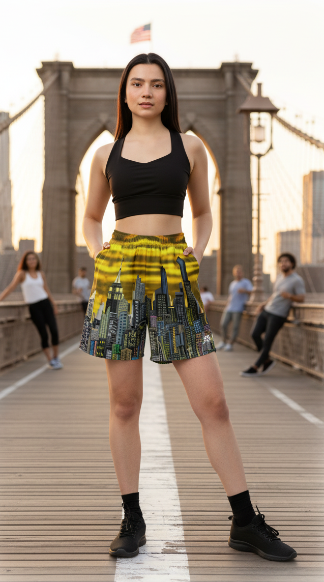 Person standing on a bridge wearing a black sports bra and Loria NYC Art colorful shorts.