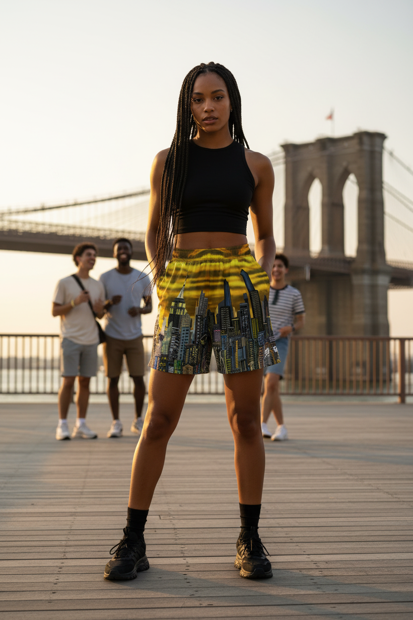 Woman in black top and colorful Loria NYC Art shorts standing on a wooden boardwalk with a bridge in the background