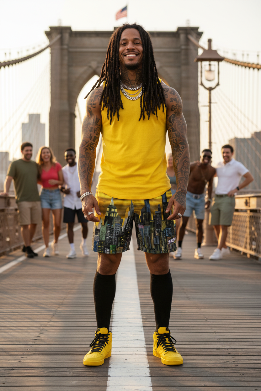 Man in yellow tank top and Loria NYC Art shorts standing on a bridge with people in the background