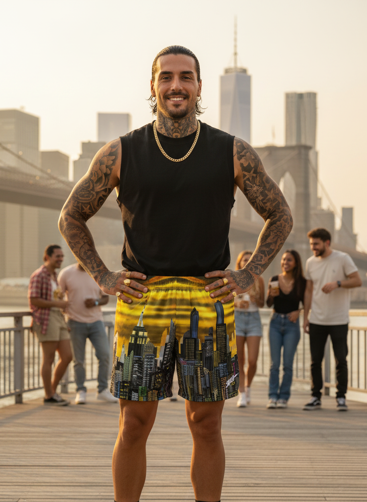 Man wearing a black sleeveless shirt and Loria NYC Art shorts standing on a boardwalk with a city skyline in the background.